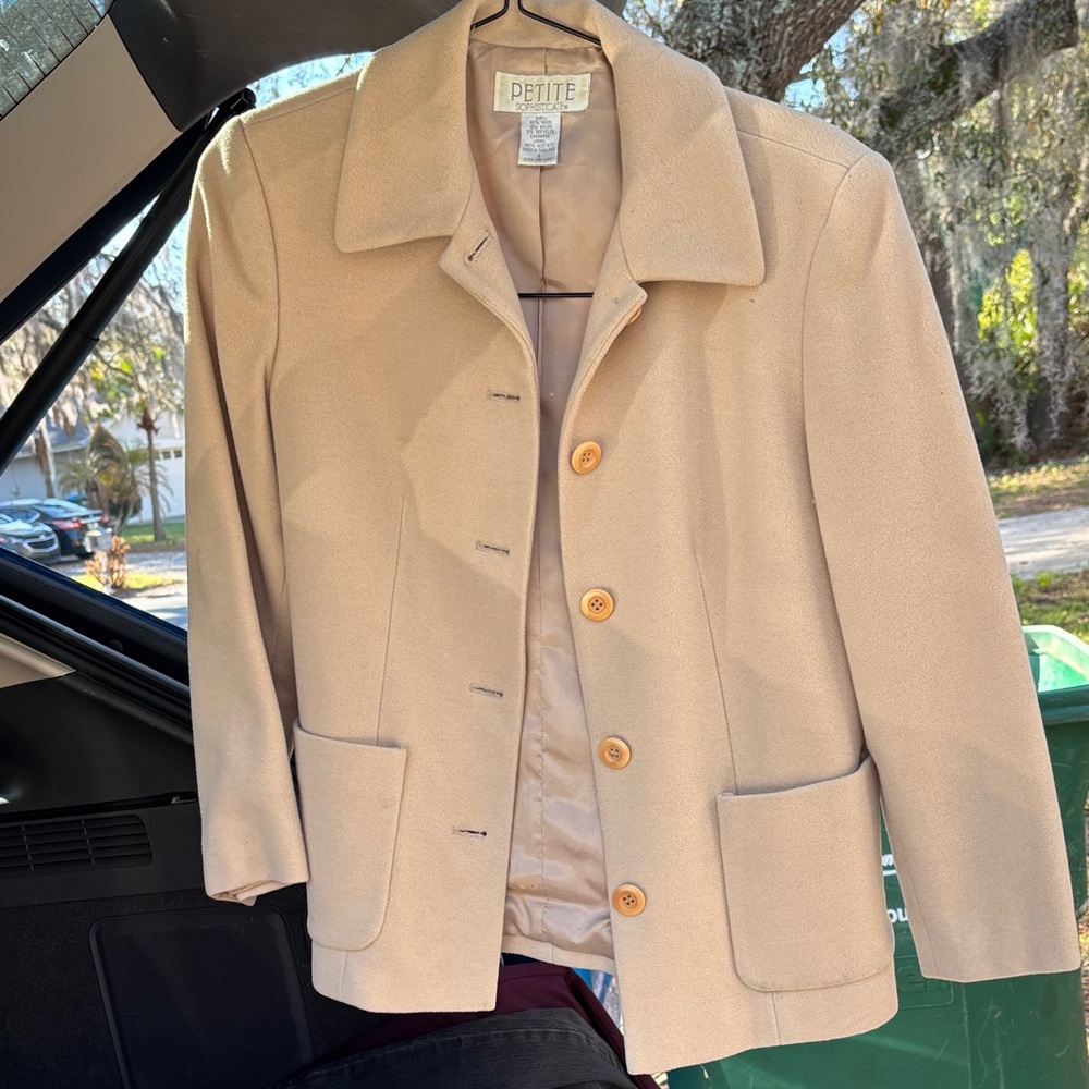 Petite Sophisticate Beige Button-Front Wool Blend Blazer